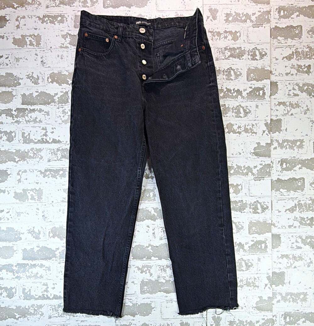 ZARA Women’s Black Streetwear Denim Jeans Button Fly Frayed Hem 5-Pocket 10